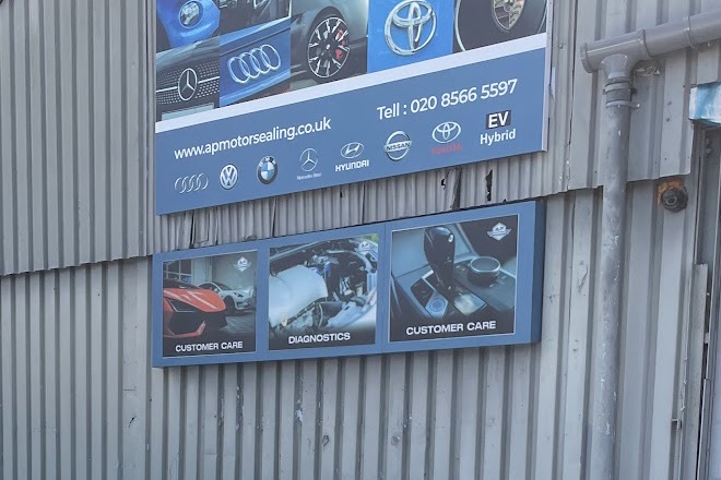 AP Motors Ealing signage on the workshop frontage, Overdale Road